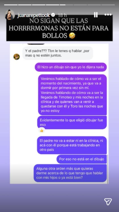 Juana Repetto le respondió a una seguidora que la cuestionó por la ausencia de su exmarido en un dibujo que hizo su hijo (Foto: Instagram @juanarepettook)
