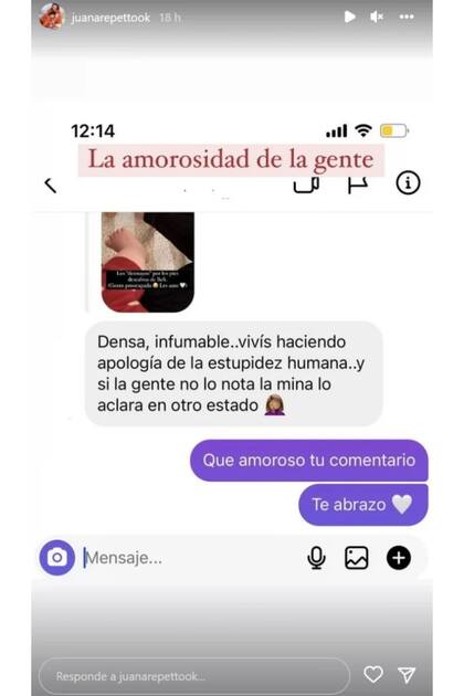 Juana Repetto no se quedó callada ante las críticas de una seguidora