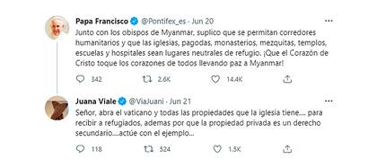 Juana Viale respondió a un pedido del papa Francisco en Twitter con una filosa crítica