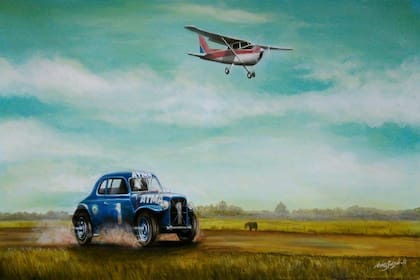 “Juancito y el avión”. El máximo campeón del Turismo Carretera, Juan Gálvez, acelera su cupé Ford acompañado desde el aire. Acrílico sobre tela (60 x 50 centímetros).