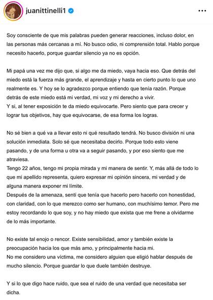 Juanita Tinelli solicitó un botón antipánico por sentirse en peligro (Fuente: @juanittinelli1)