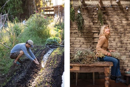 Juanpa, el novio de Jade, trabajando la tierra. A la derecha, su madre, Alejandra Piovano, que es artista plástica.