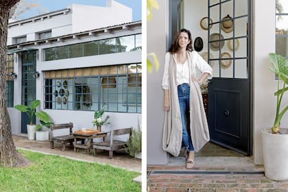 Juego de bancos y mesa (Galpón de Dorrego). Flores frescas (Rêve Green Deco). En la pared exterior, color Smoky Wings (Sinteplast). Tras documentar la reforma, por Instagram y con gran repercusión, Clara Pinto, que es psicóloga, comenzó a dedicarse al estilismo.