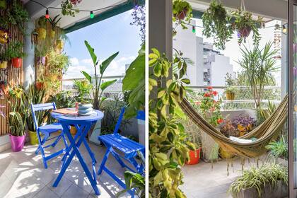 Juego de mesa y sillas pintadas en azul eléctrico (Oh My Chalk!). Guirnalda de luces (Etheos). Macetas (Coco Cerámica).