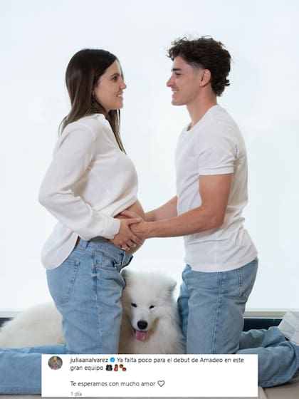 Julián Álvarez, Emilia Ferrero y Tarzán hicieron una sesión de fotos antes del nacimiento de Amadeo (Foto: Instagram @juliaanalvarez)