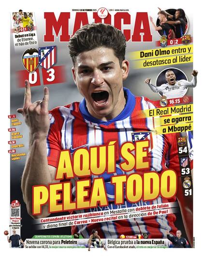Julián Álvarez, en la tapa de la edición del diario Marca, de España, de este domingo 23 de febrero de 2025