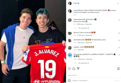 Julián Álvarez le regaló a Luck Ra su camiseta del Atlético de Madrid (Foto: Instagram @luckra)