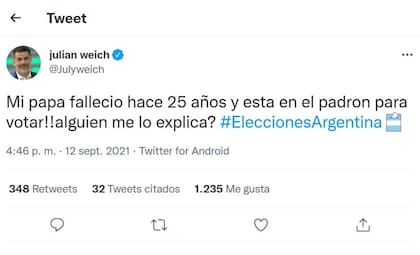 Julian Weich expresó su enojo en redes sociales tras encontrar el nombre de su padre, fallecido hace 25 años, en el padrón electoral