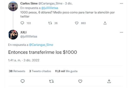 Julieta le respondió con ironía a uno de los tantos s que minimizaban el valor de los $1000 pesos al hacer la equivalencia con dólares