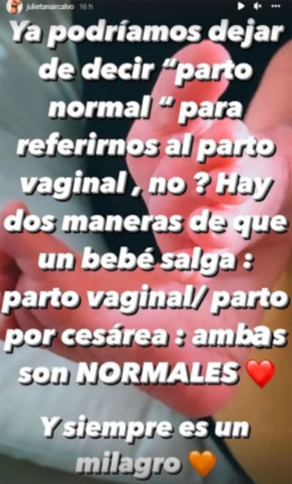 Julieta Nair Calvo compartió su postura sobre el parto vaginal y por cesárea