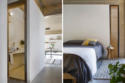 Junto a la cama, camino de lana tejido en tela (Elementos Argentinos). Así como la oficina se usa para el descanso, el dormitorio se transforma en cuarto de yoga cuando llega la hora de practicar.