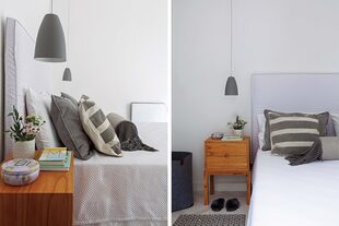 Junto a la cama con almohadones varios (Good Luck Casa), mesa de luz en madera y luminaria colgante (Flo’s Market).