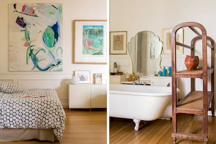 Junto a la cama una obra en gran formato de Romina y una obra de Santiago González Quesnel.