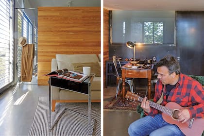 Junto a la entrada, se delimitó con un kilim (Landmark) el espacio de trabajo, con estantería de hierro (Galpón Osuna), a tono con el enchapado de la pared.