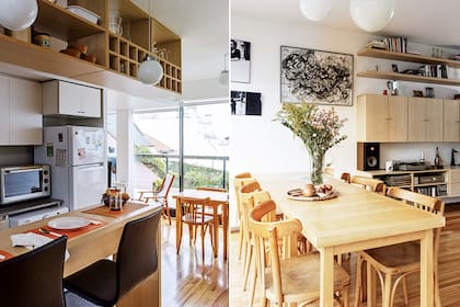 Junto a la mesa del comedor, obras enmarcadas de Julián Cheula