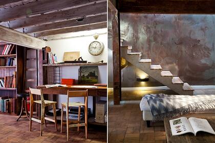 Junto a la mesita ratona, una banqueta con manta ‘Chevron’ (Falabella)