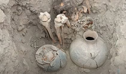 Junto a la momia se hallaron vasijas con dibujos de animales