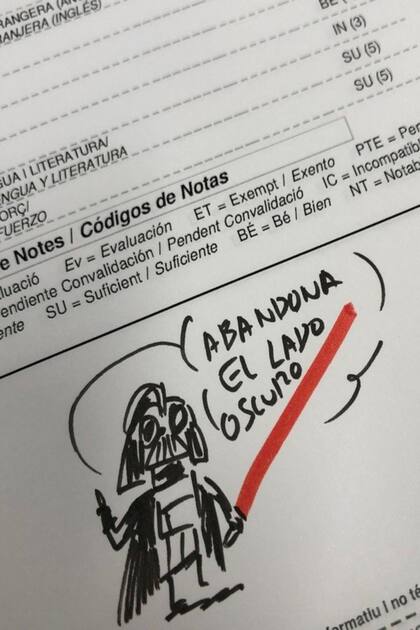 Junto a un dibujo de Darth Vader, el maestro propuso "abandonar el lado oscuro"