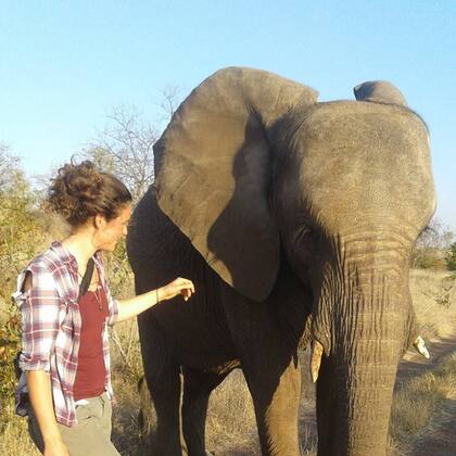 Junto a un elefante que se crió guacho en la reserva Dojiwe de Zimbabwe.