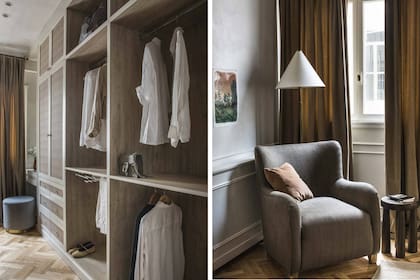 Junto al sillón (Estudio Método con género de Tienda Mayor), mesa de arrime (Yuspe) y acuarela sobre papel calco (Santiago Quesnel, en Tramo Galería). Placares laqueados, otro diseño del Estudio. Para el frente de sus puertas y cajones eligieron un empapelado. Cortinas de pana de algodón.