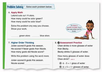 Junto con los ejercicios de matemáticas de primer grado, un personaje insta a los estudiantes: "Para tener una mentalidad de crecimiento, prueba una nueva forma cuando estés trabado"
