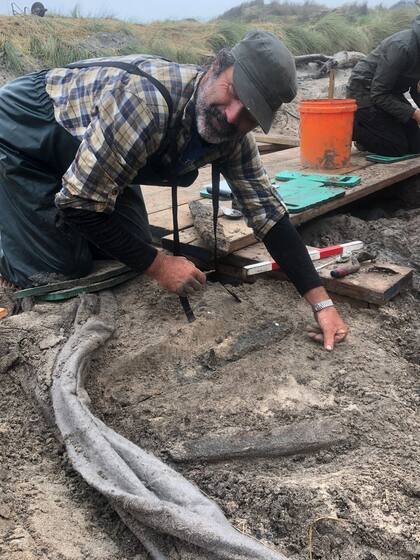 Justin Maxwell es uno de los arqueólogos principales del proyecto; el hombre está analizando las piezas para su datación