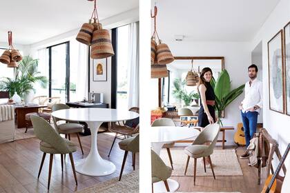 Justina y Clément junto a la mesa ‘Tulip’, sillón de ratán (ambos comprados por Mercado Libre) y sillas americanas (Soy Mi Casa).