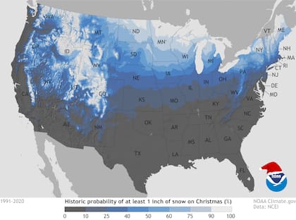 Justo en la semana previa a Navidad, se publicó un nuevo mapa del pronóstico de nevadas en Estados Unidos