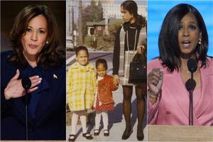 Kamal Harris y su hermana Maya; ambas aparecen junto a su madre en una foto familiar
