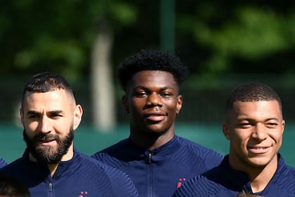 Karim Benzema, Aurélien Tchouaméni y Kylian Mbappé.