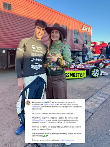 Karina Mazzocco acompañó a su hijo Malek a una carrera Fórmula 3 Metropolitana en San Juan (Foto: Instagram @karinamazzocco)