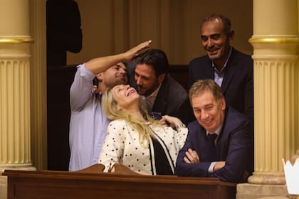 Karina Milei, Martín y Lule Menem, Diego Santilli e Ignacio Devitt, tras la aprobación de la ley de glaciares en el Senado