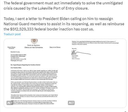 Katie Hobbs envió una carta al presidente Joe Biden