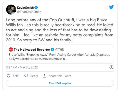 Kevin Smith pidió disculpas por la manera en que se refirió a Bruce Willis cuando filmaron Cop Out (Crédito: Twitter/@thatkevinsmith)