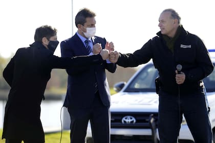 Kicillof, con Massa y Berni, en el acto en San Fernando en el que el gobernador acusó a Vidal de entregar "sobres" a la prensa