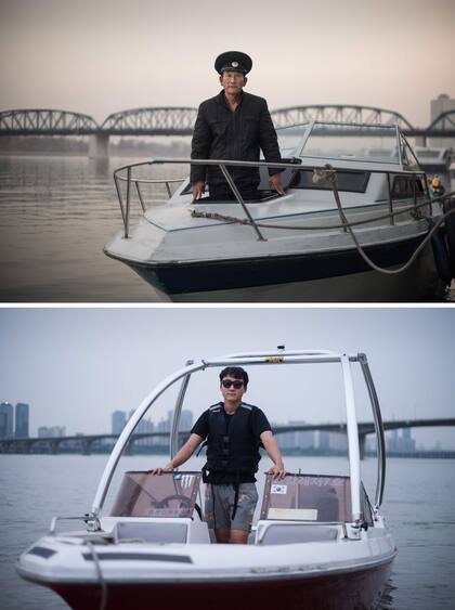Kim Il Soo (arriba) en su barco turístico en el río Taedong en Pyongyang el y Kim Kun Ho (25, abajo) en su barco de deportes acuáticos en el río Han en Seúl