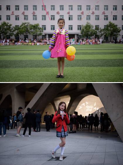 Kim Song Jong (9, arriba) después de una actuación de baile en un evento del Día del Niño en Pyongyang, y Yoon Hyerim (10, abajo) después de un espectáculo de danza en Dongdaemun Design Plaza durante la Semana de la Moda de Seúl