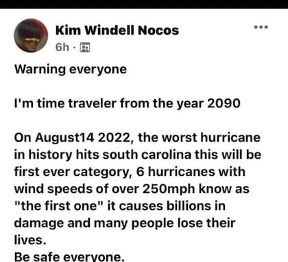 Kim Windell Nocos advirtió en Facebook del peor huracán de la historia.