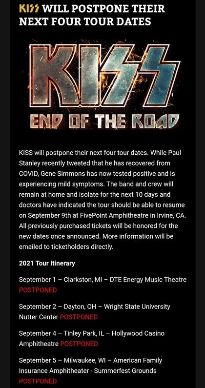 Kiss pospuso nuevas fechas: así lo anunció a través de sus canales de comunicación oficiales