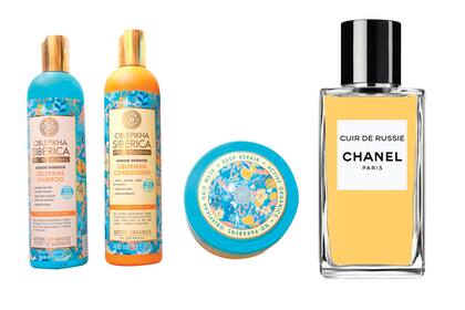 Kit de champú, acondicionador y máscara capilar de Natura Siberica. Eau de parfum Cuir de Russie, Chanel.