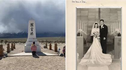 Konno presenta sus respetos en Manzanar (izquierda), sus abuelos el día de su boda (derecha)