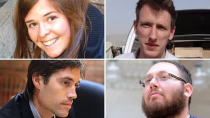Kotey admitió su participación en la muerte de 4 estadounidenses: en el sentido del reloj de arriba a la izq., los trabajadores humanitarios Kayla Mueller y Peter Kassig, y los periodistas Steven Sotloff y James Foley.
