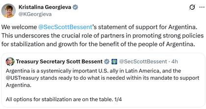 Kristalina Georgieva, titular del FMI, valoró el apoyo de EE.UU. a la Argentina tras dialogar con Scott Bessent (Fuente: X @KGeorgieva)