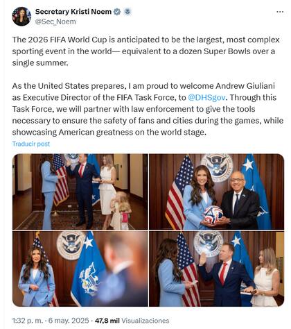 Kristi Noem, secretaria de Seguridad Nacional de los Estados Unidos, también celebró el nuevo puesto de Andrew Giuliani