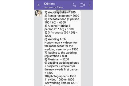 Kristina tenía una larga cuenta de gastos de boda por unos US$20.000.