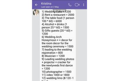 Kristina tenía una larga cuenta de gastos de boda por unos US$20.000.