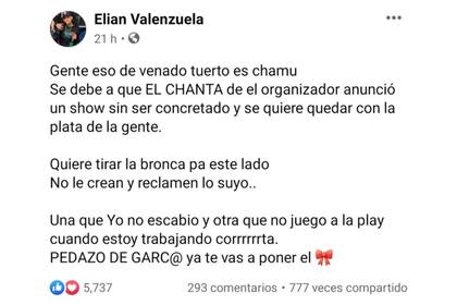 L-Gante publicó su descargo en su cuenta de Facebook