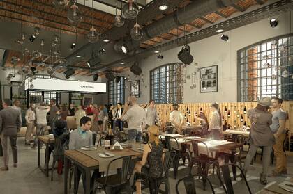 El interior del mercado y los espacios para comer se aprecian en este render