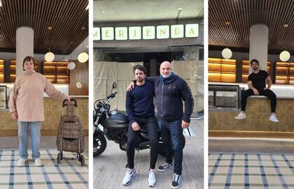 La abuela de Facundo, su tío y socio y él en la previa a la inauguración de Merienda