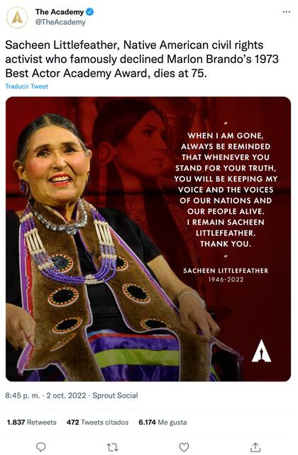 La academia informó la muerte de Sacheen Littlefeather